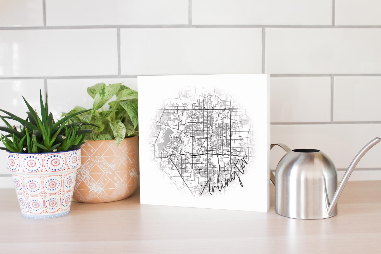 Minimalistic B&W Texas Arlington Circle Map | Wood Block | Eaches | Min 2