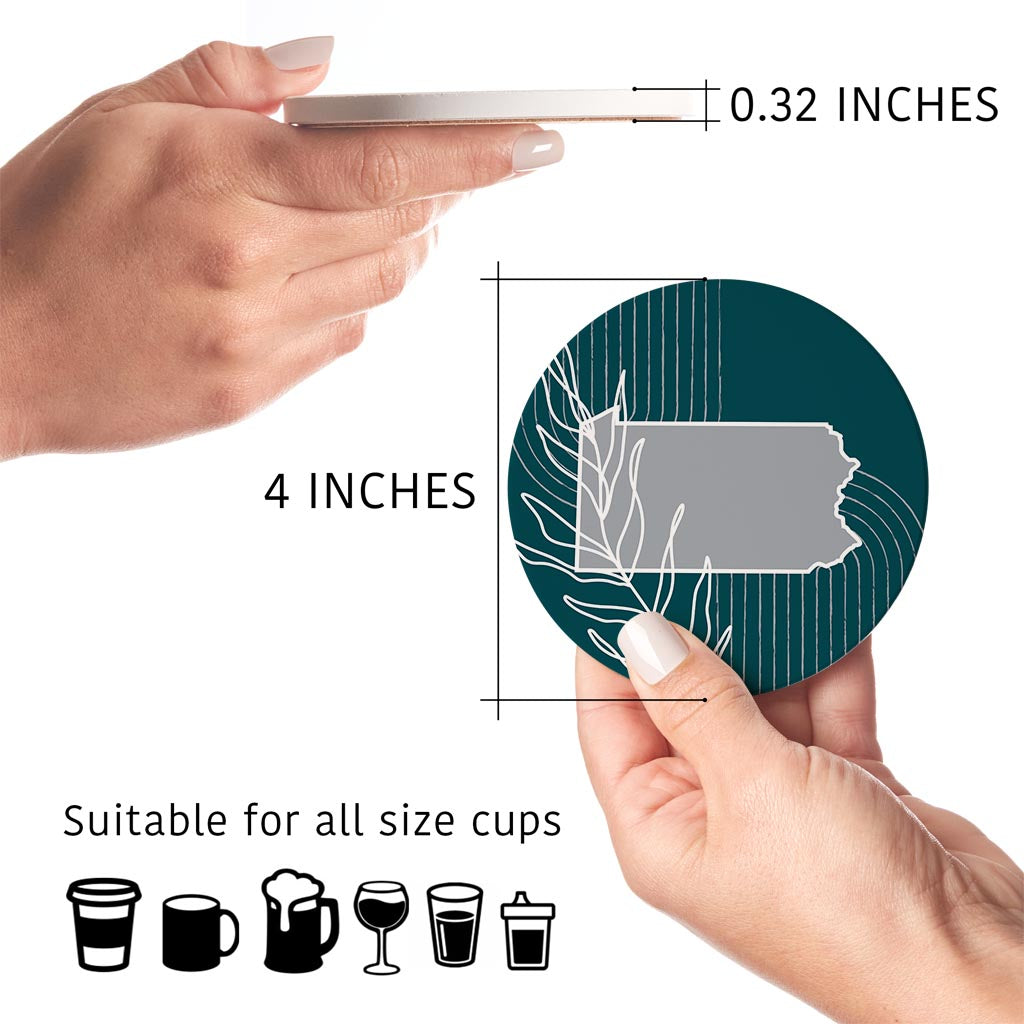Modern Minimalist Pennsylvania Shape With Leaf | Absorbent Coasters | Set of 4 | Min 2
