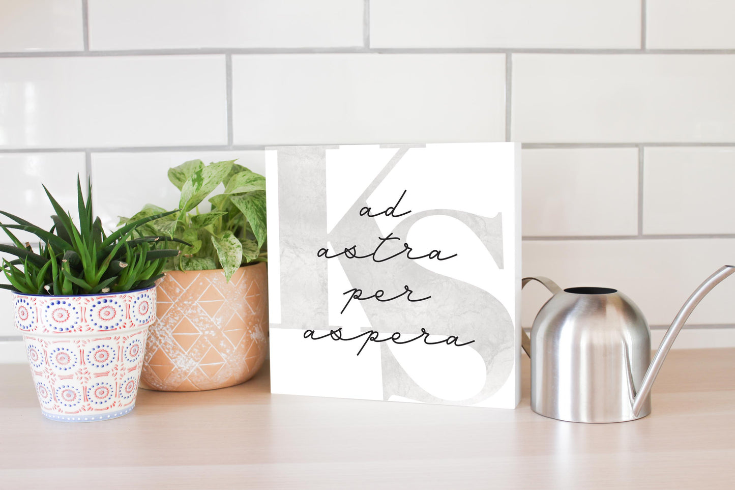 Minimalist B&W Kansas Ad Astra Per Aspera | Wood Block | Eaches | Min 2