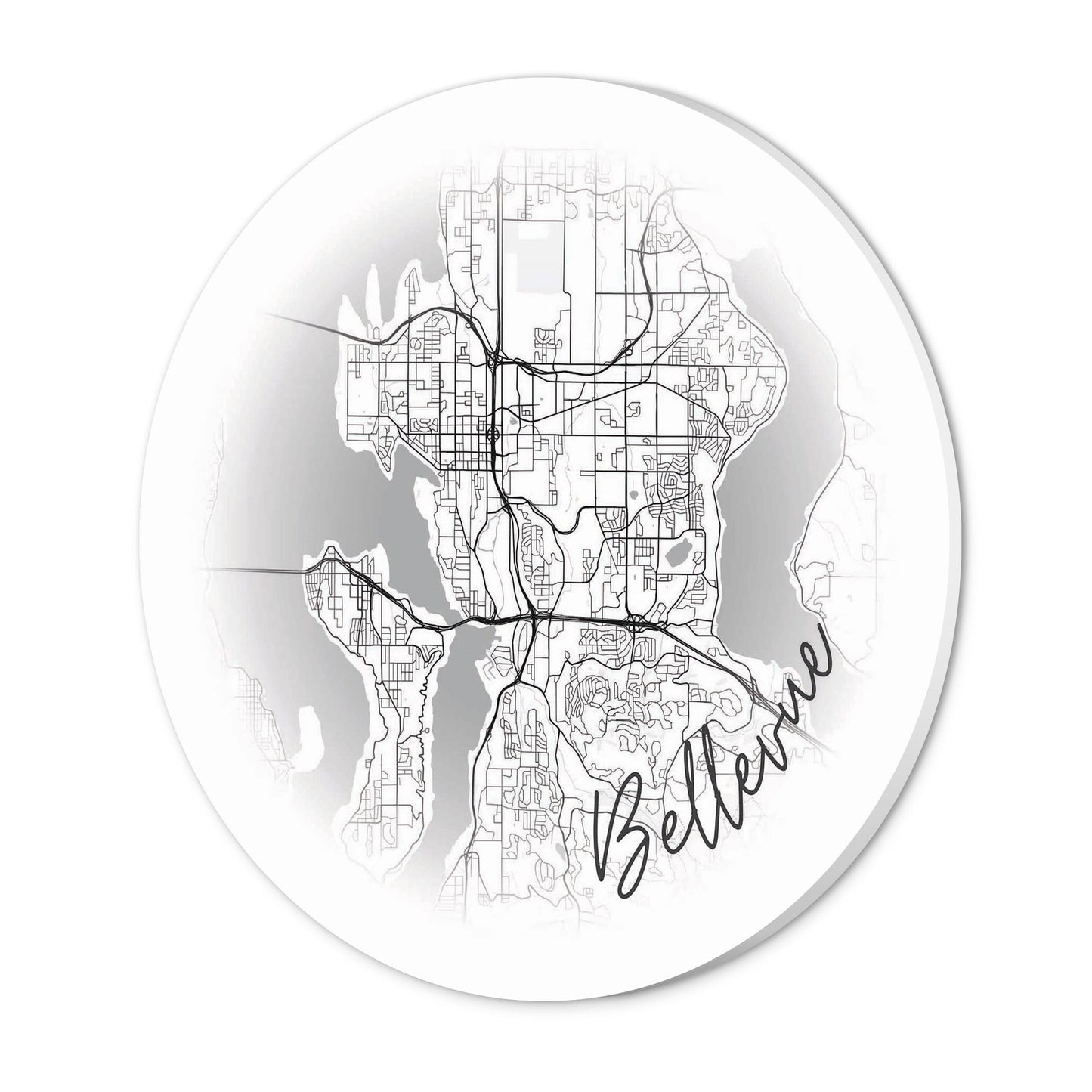 Minimalistic B&W Washington Bellevue Circle Map | Wood Sign | Eaches | Min 1