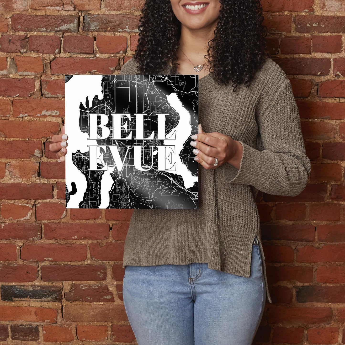 Minimalistic B&W Washington Bellevue Map | Hi-Def Glass Art | Eaches | Min 1