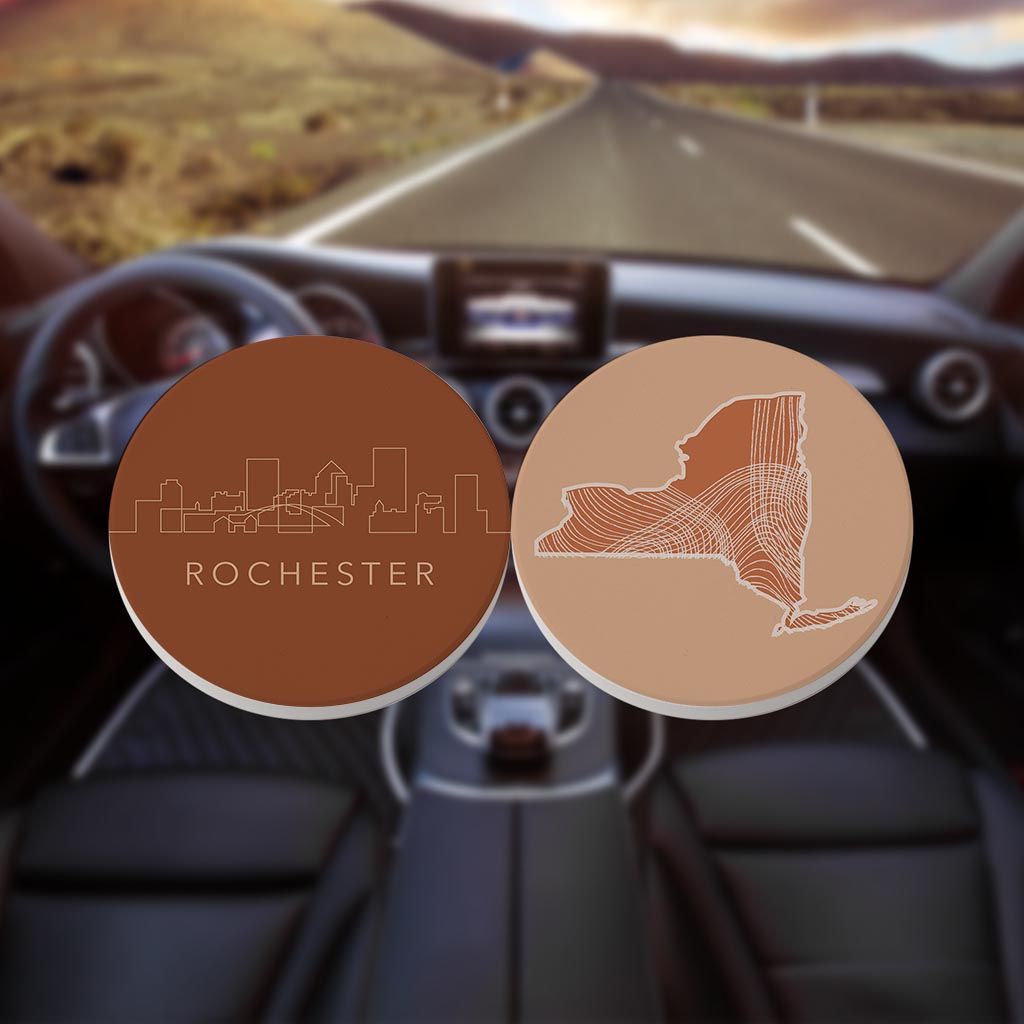 Modern Minimalist New York Rochester Skyline State| Absorbent Car Coasters | Set of 2 | Min 4