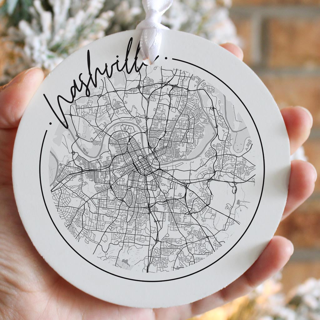 Minimalist B&W Tennessee Nashville Circle Map | Wood Ornament | Eaches | Min 6