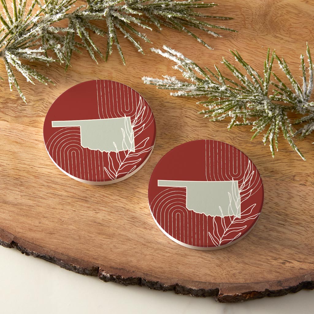 Modern Minimalist Oklahoma State Shape With Leaf | Absorbent Car Coasters | Set of 2 | Min 4