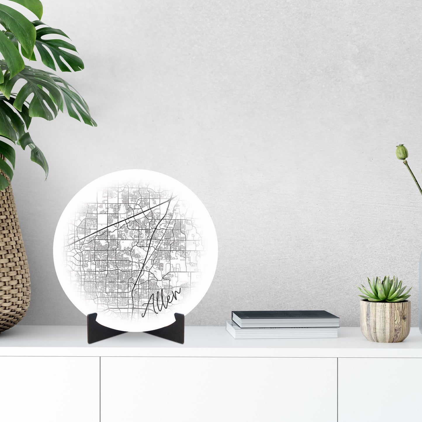 Minimalistic B&W Texas Allen Circle Map | Wood Sign | Eaches | Min 1