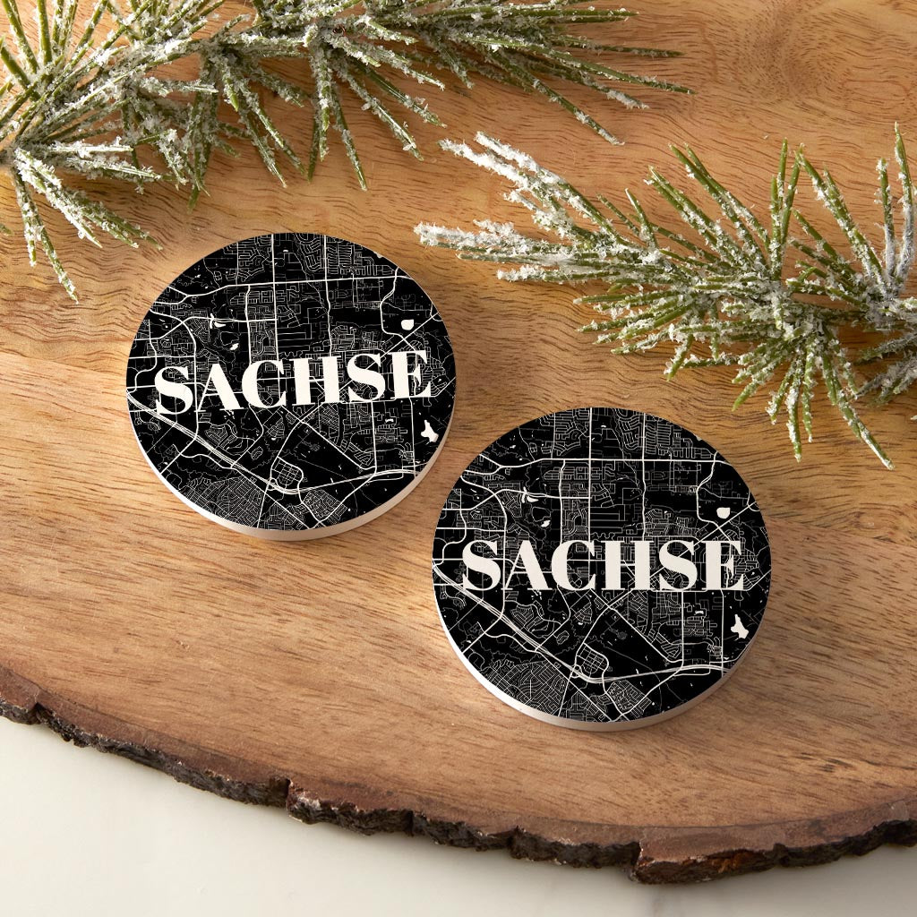Minimalistic B&W Texas Sachse Map | Absorbent Car Coasters | Set of 2 | Min 4