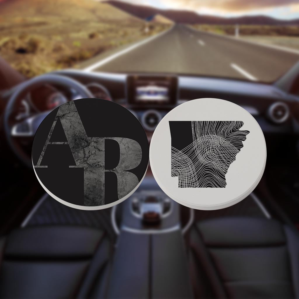 B&W Minimalist Arkansas Initials State Shape| Absorbent Car Coasters | Set of 2 | Min 4