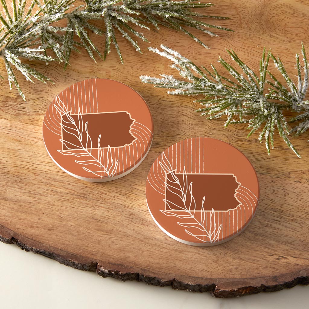 Modern Minimalist Pennsylvania State Leaf | Absorbent Car Coasters | Set of 2 | Min 4