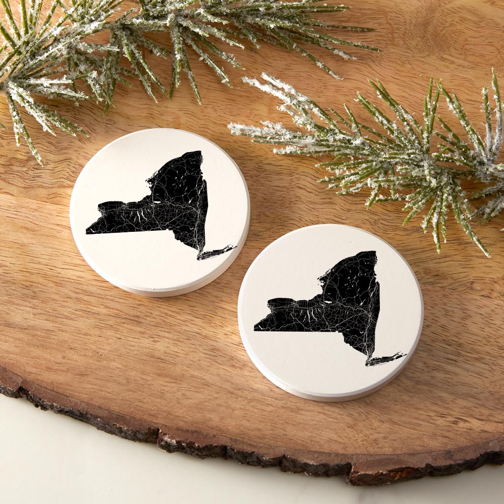Minimalistic B&W New York State With Map | Absorbent Car Coasters | Set of 2 | Min 4