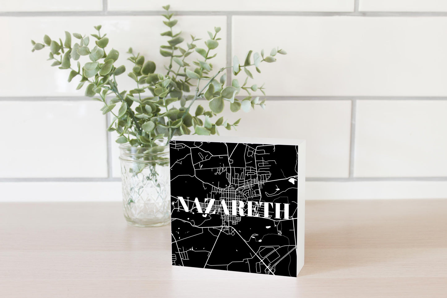 Minimalistic B&W Pennsylvania Nazareth Map | Wood Block | Eaches | Min 4