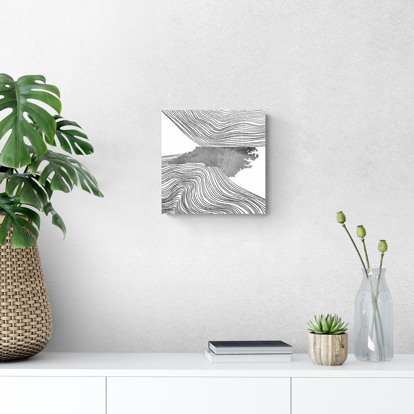 Minimalistic B&W North Carolina State With Fluid Lines | Hi-Def Glass Art | Eaches | Min 1