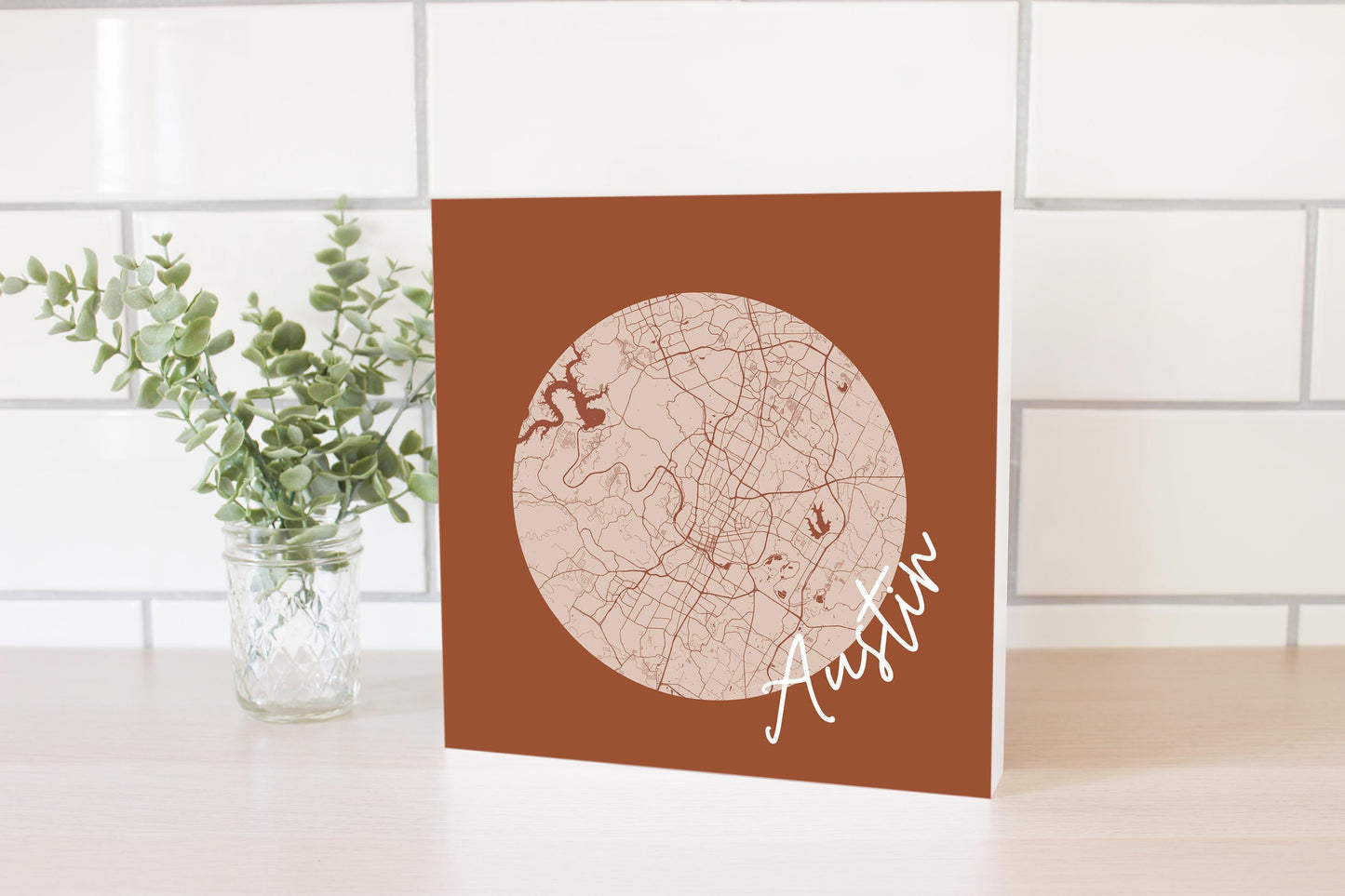 Modern Minimalist Texas Austin Circle Map | Wood Block | Eaches | Min 2
