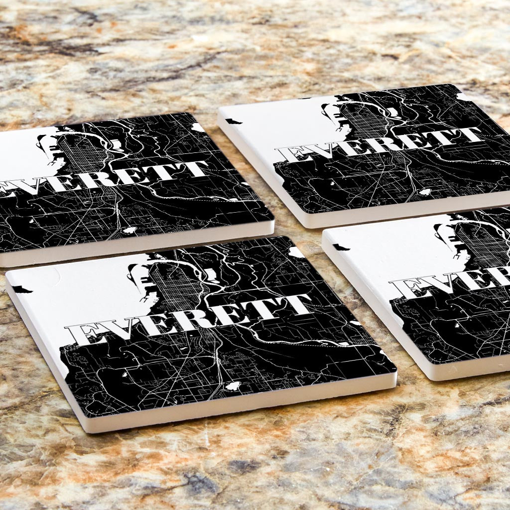 Minimalistic B&W Washington Everett Map | Absorbent Coasters | Set of 4 | Min 2