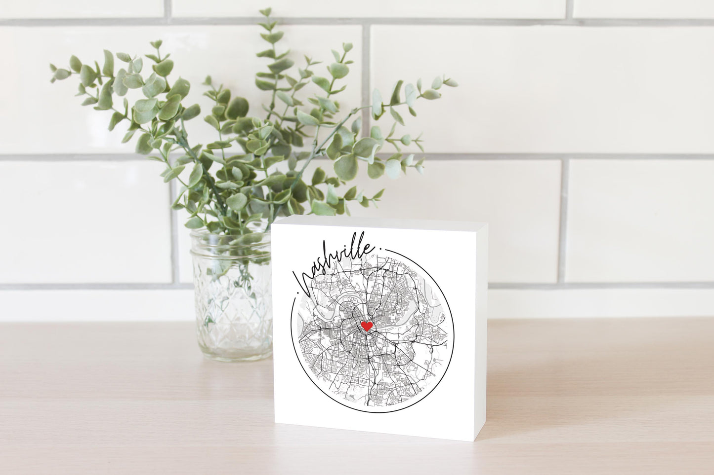Minimalist B&W Tennessee Nashville Circle Map Heart | Wood Block | Eaches | Min 4