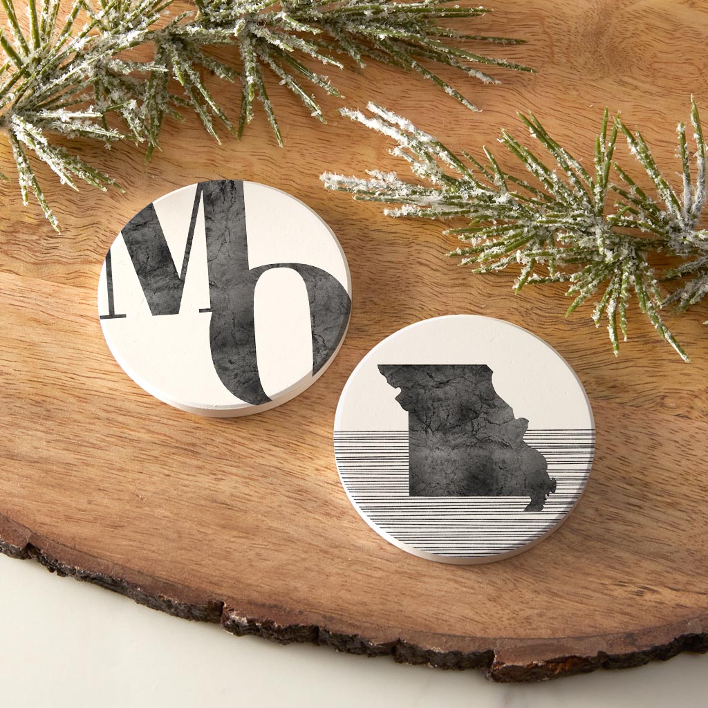Minimalist B&W Missouri White Initials State Shape| Absorbent Car Coasters | Set of 2 | Min 4