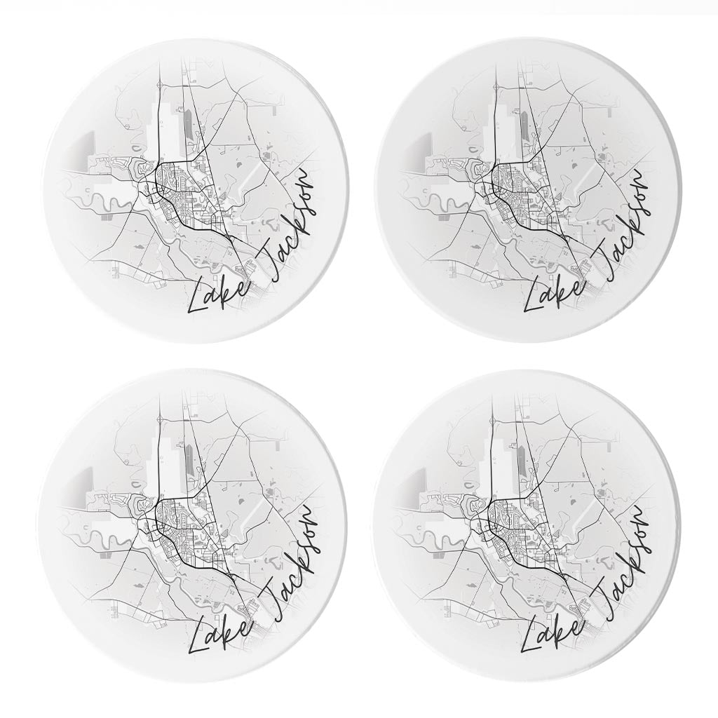 Minimalistic B&W Texas Lake Jackson Circle Map | Absorbent Coasters | Set of 4 | Min 2