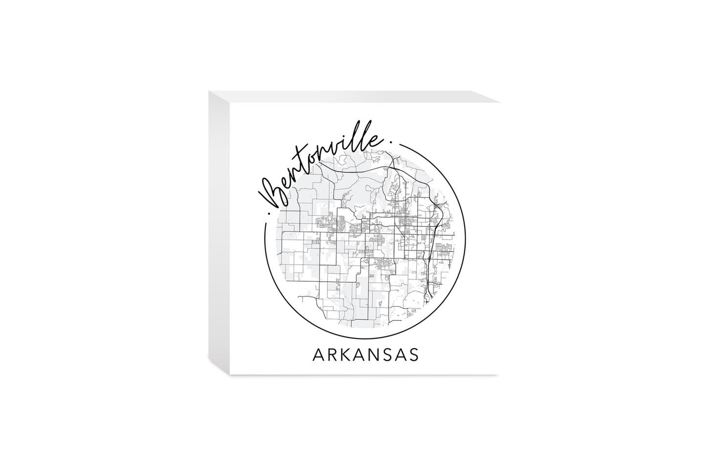 Minimalist B&W Arkansas Bentonville Circle Map State | Wood Block | Eaches | Min 4