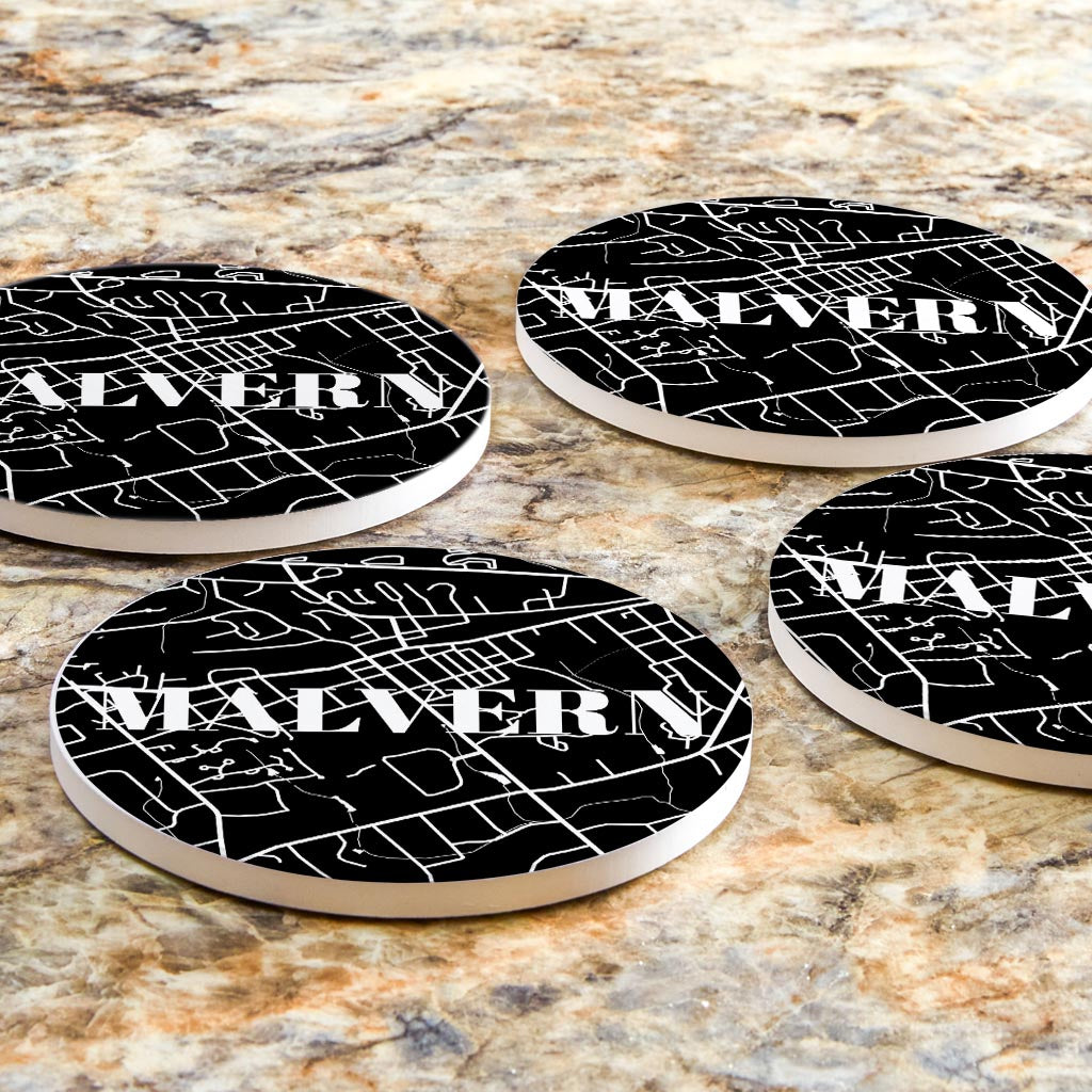 Minimalistic B&W Pennsylvania Malvern Map | Absorbent Coasters | Set of 4 | Min 2