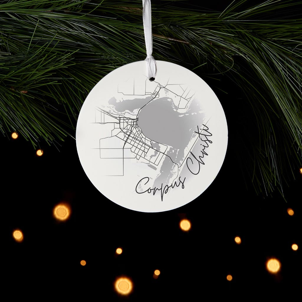 Minimalistic B&W Texas Corpus Christi Circle Map | Wood Ornament | Eaches | Min 6