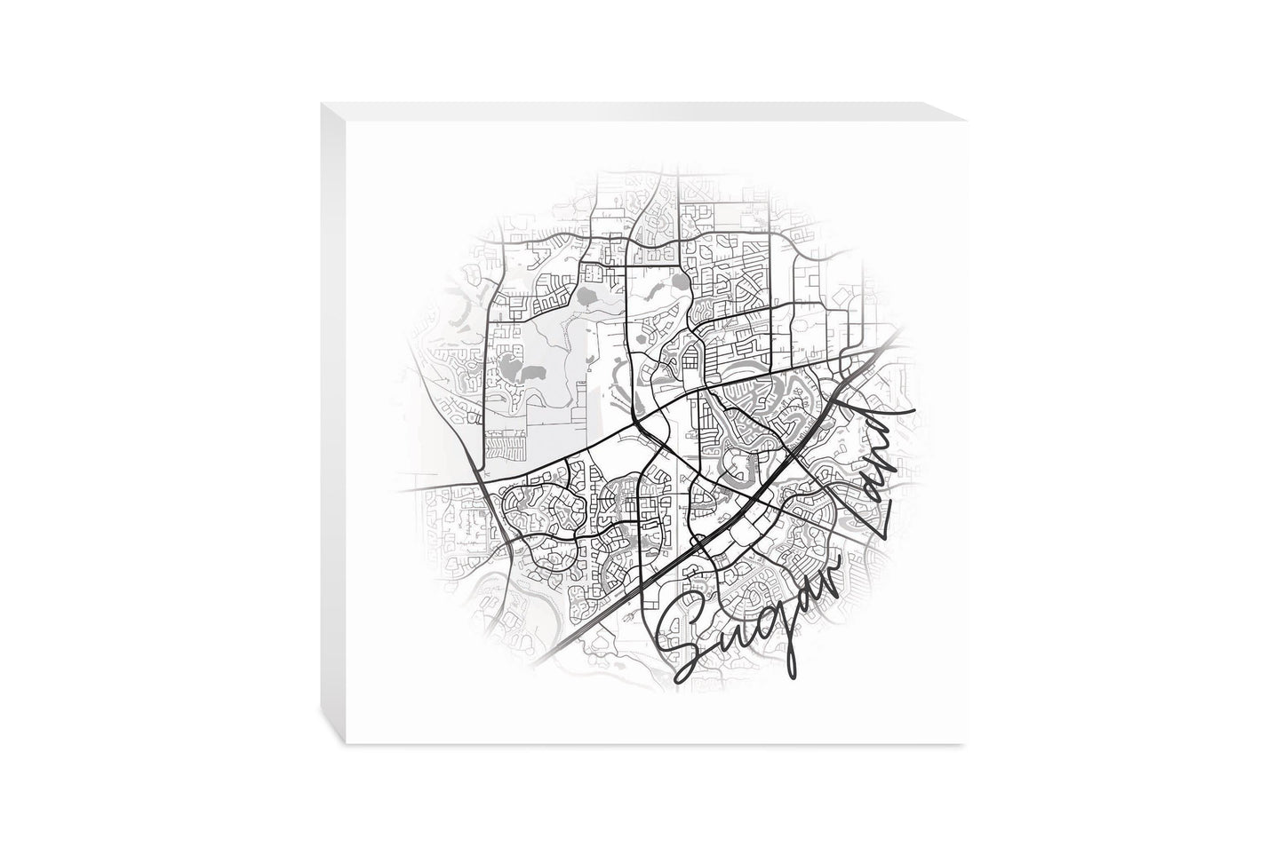 Minimalistic B&W Texas Sugarland Circle Map | Wood Block | Eaches | Min 2