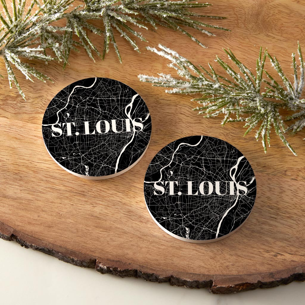 Minimalist B&W Missouri St Louis Map | Absorbent Car Coasters | Set of 2 | Min 4
