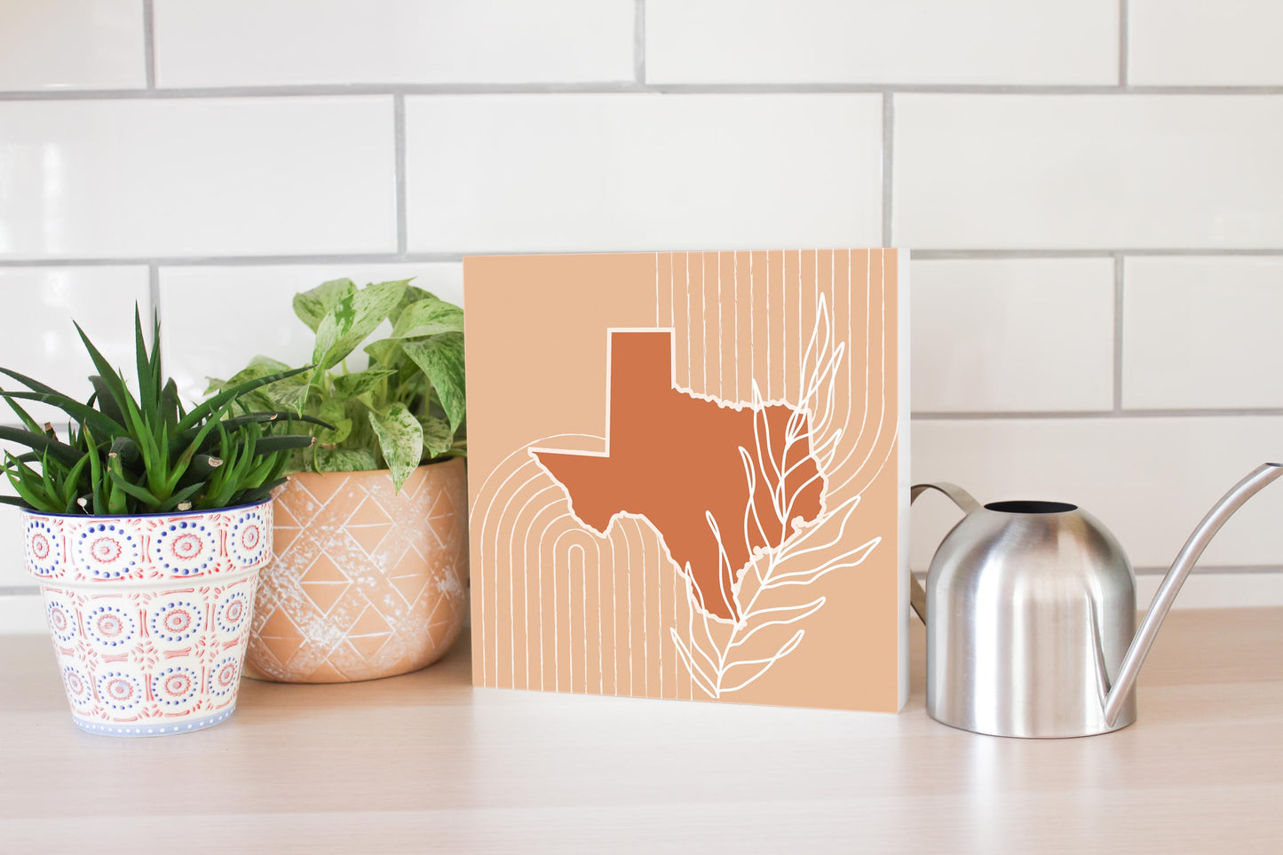 Modern Minimalist Texas State Shape With Leaf | Wood Block | Eaches | Min 2