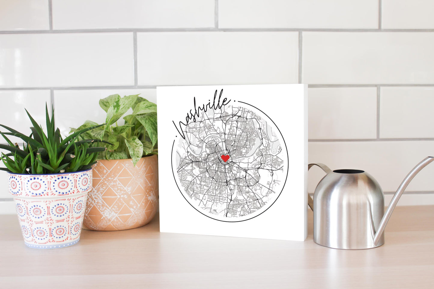 Minimalist B&W Tennessee Nashville Circle Map Heart | Wood Block | Eaches | Min 2