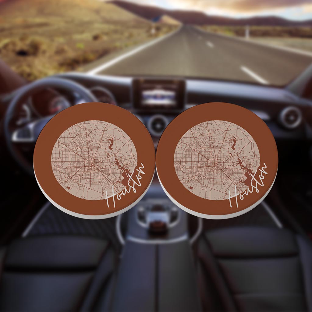 Modern Minimalist Houston Texas Map | Absorbent Car Coasters | Set of 2 | Min 4