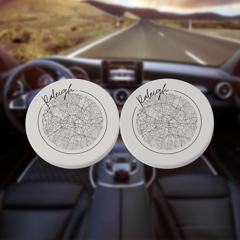 Minimalistic B&W North Carolina Raleigh Circle Map| Absorbent Car Coasters | Set of 2 | Min 4