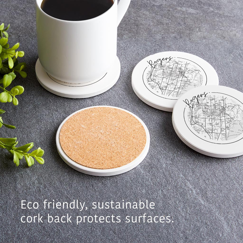 Minimalist B&W Arkansas Rogers Circle Map| Absorbent Coasters | Set of 4 | Min 2
