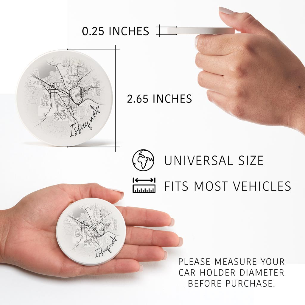 Minimalistic B&W Washington Issaquah Circle Map | Absorbent Car Coasters | Set of 2 | Min 4