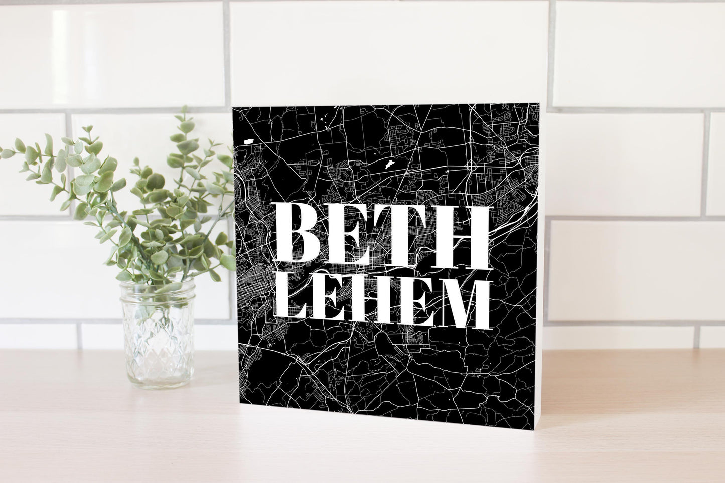 Minimalistic B&W Pennsylvania Bethlehem Map | Wood Block | Eaches | Min 2