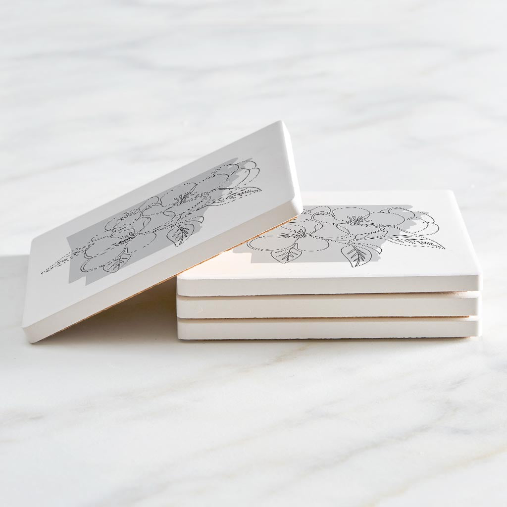 B&W Minimalist Arkansas Single Line Apple Blossoms| Absorbent Coasters | Set of 4 | Min 2