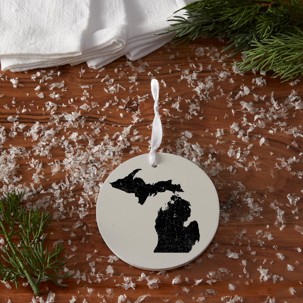 Minimalistic B&W Michigan Map Petoskey Star | Wood Ornament | Eaches | Min 6