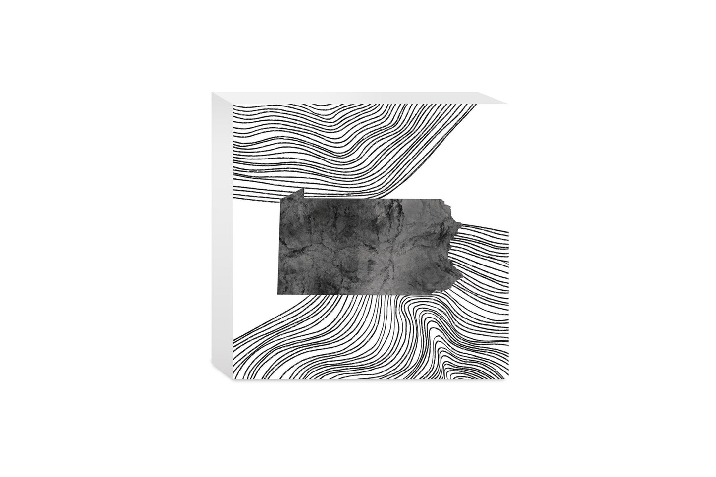 Minimalistic B&W Pennsylvania Shape Fluid Lines | Wood Block | Eaches | Min 4