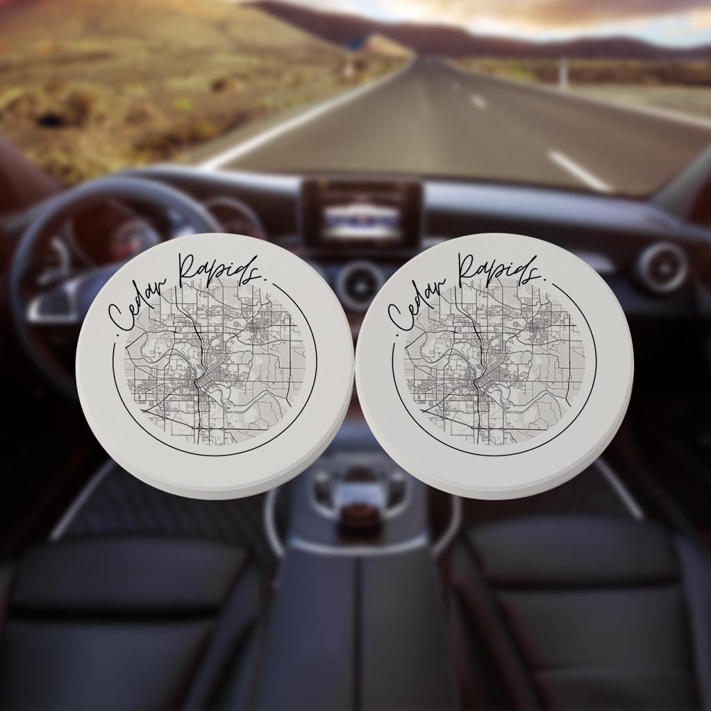 Minimalistic B&W Iowa Cedar Rapids Circle Map | Absorbent Car Coasters | Set of 2 | Min 4