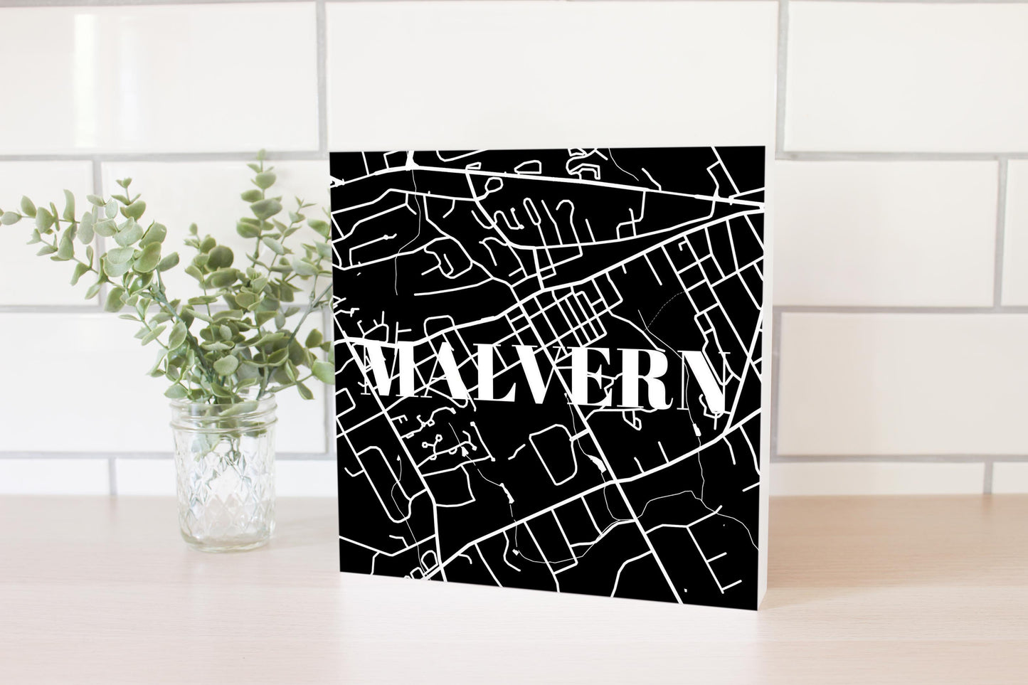 Minimalistic B&W Pennsylvania Malvern Map | Wood Block | Eaches | Min 2