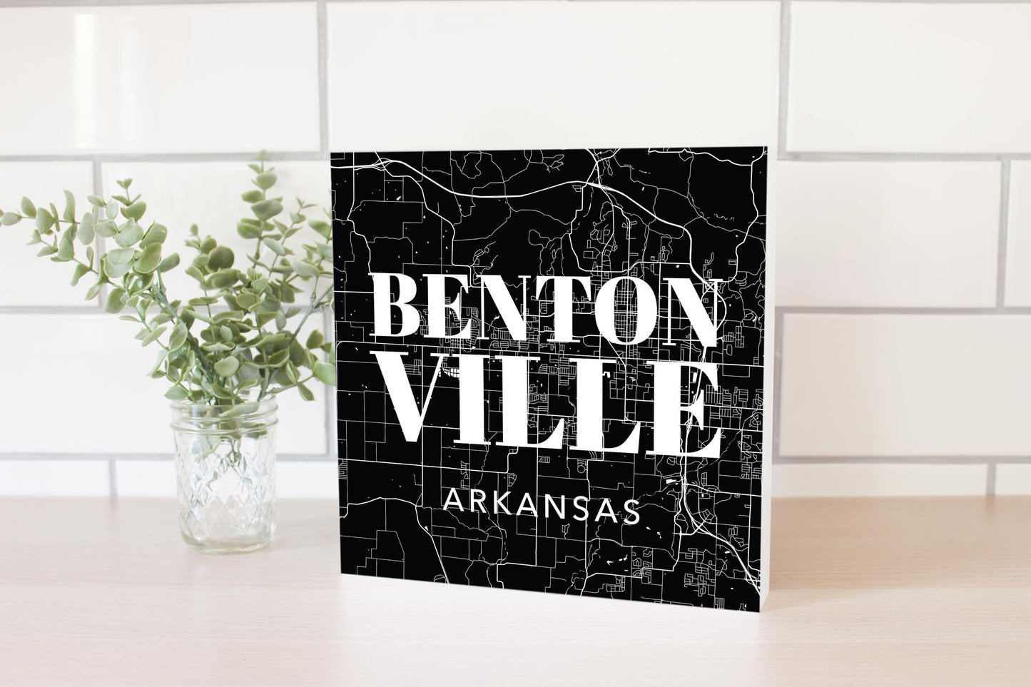 Minimalist B&W Arkansas Bentonville Map State | Wood Block | Eaches | Min 2