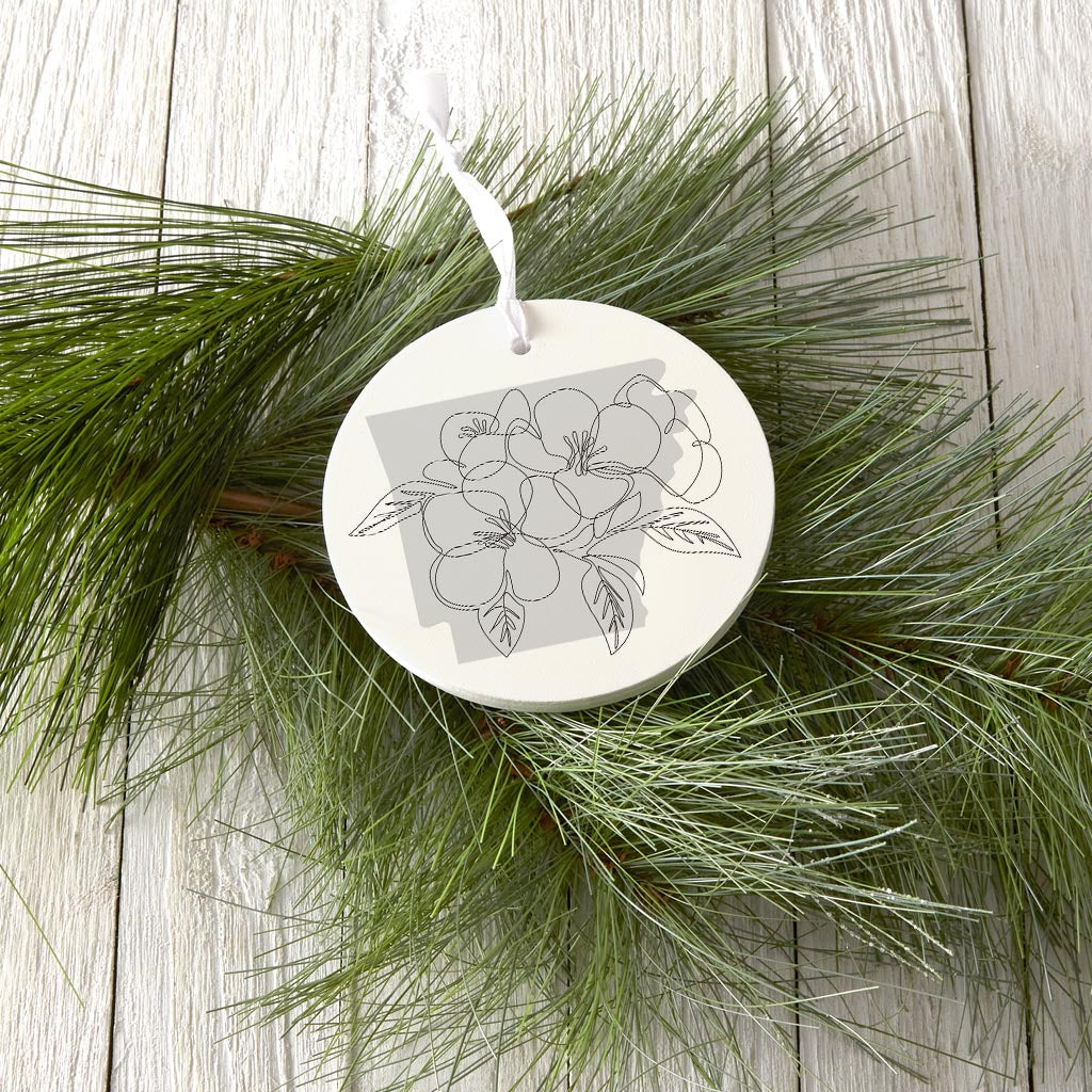 B&W Minimalist Arkansas Single Line Apple Blossoms | Wood Ornament | Eaches | Min 6