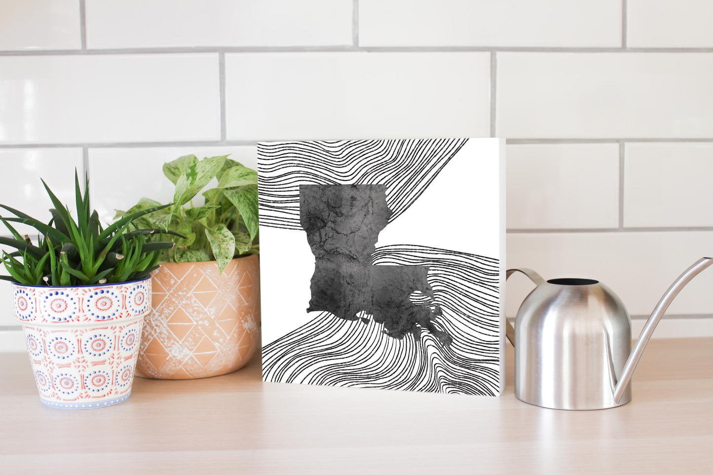 Modern Louisiana State Shape With Fluid Lines | Wood Block | Eaches | Min 2