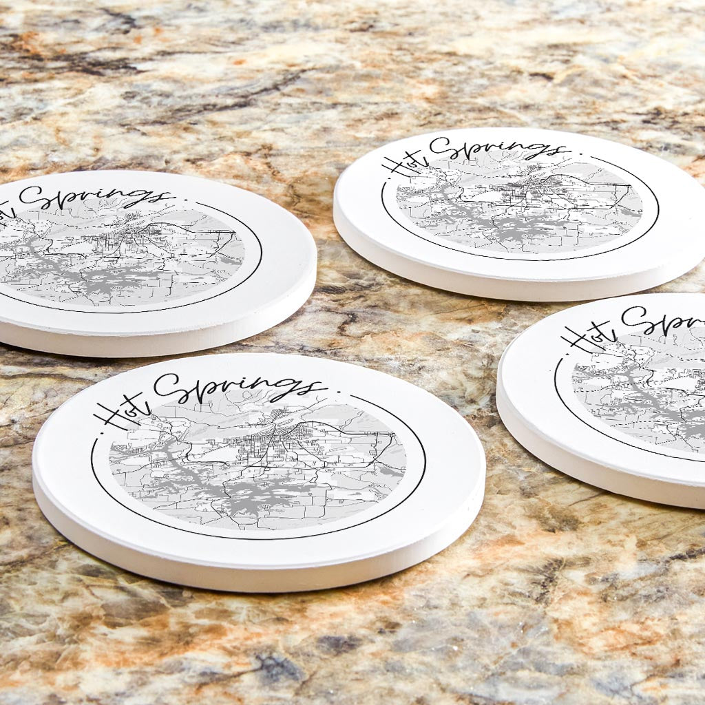 B&W Minimalist Arkansas Hot Springs Circle Map | Absorbent Coasters | Set of 4 | Min 2