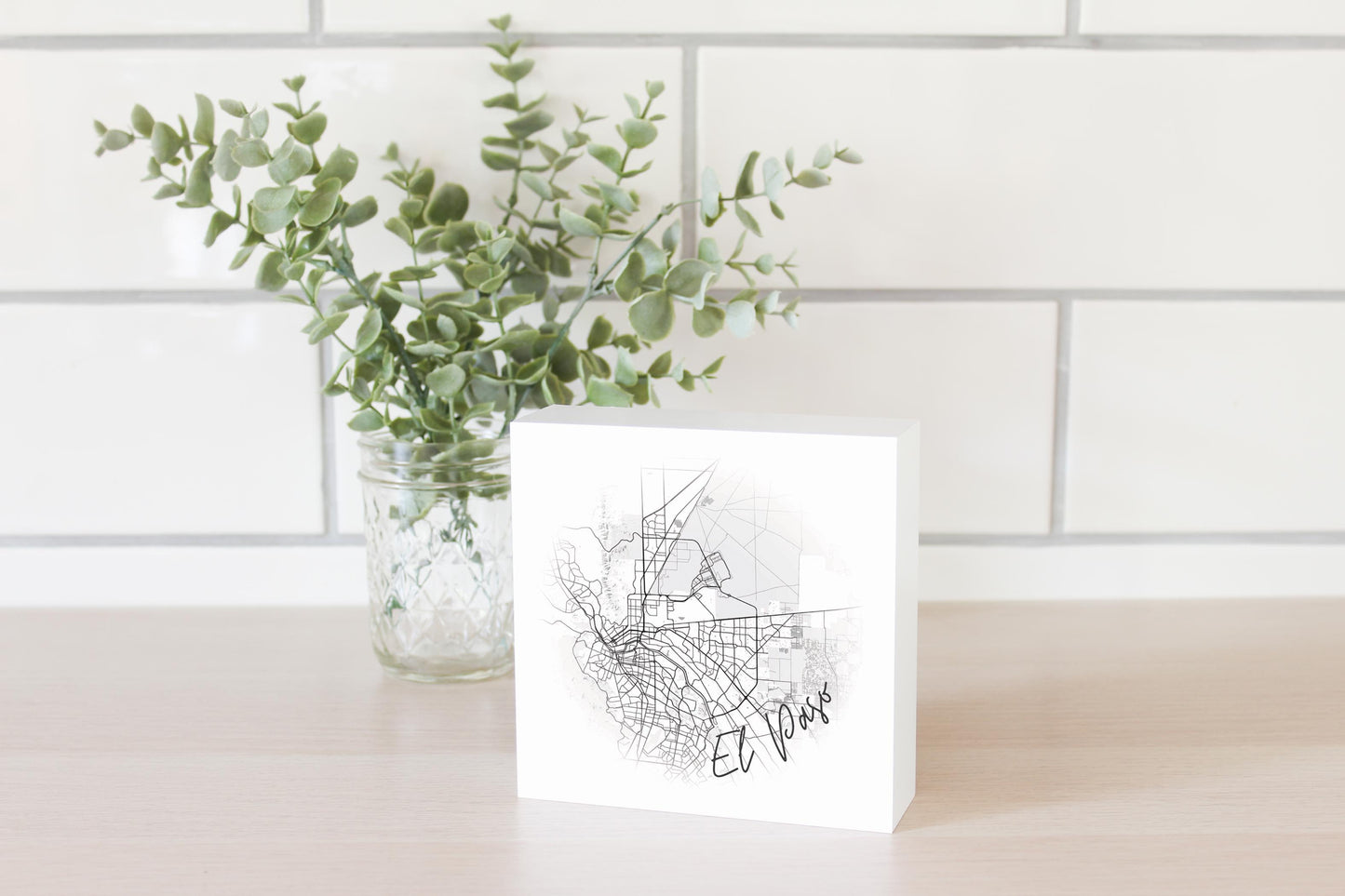 Minimalistic B&W Texas El Paso Circle Map | Wood Block | Eaches | Min 4
