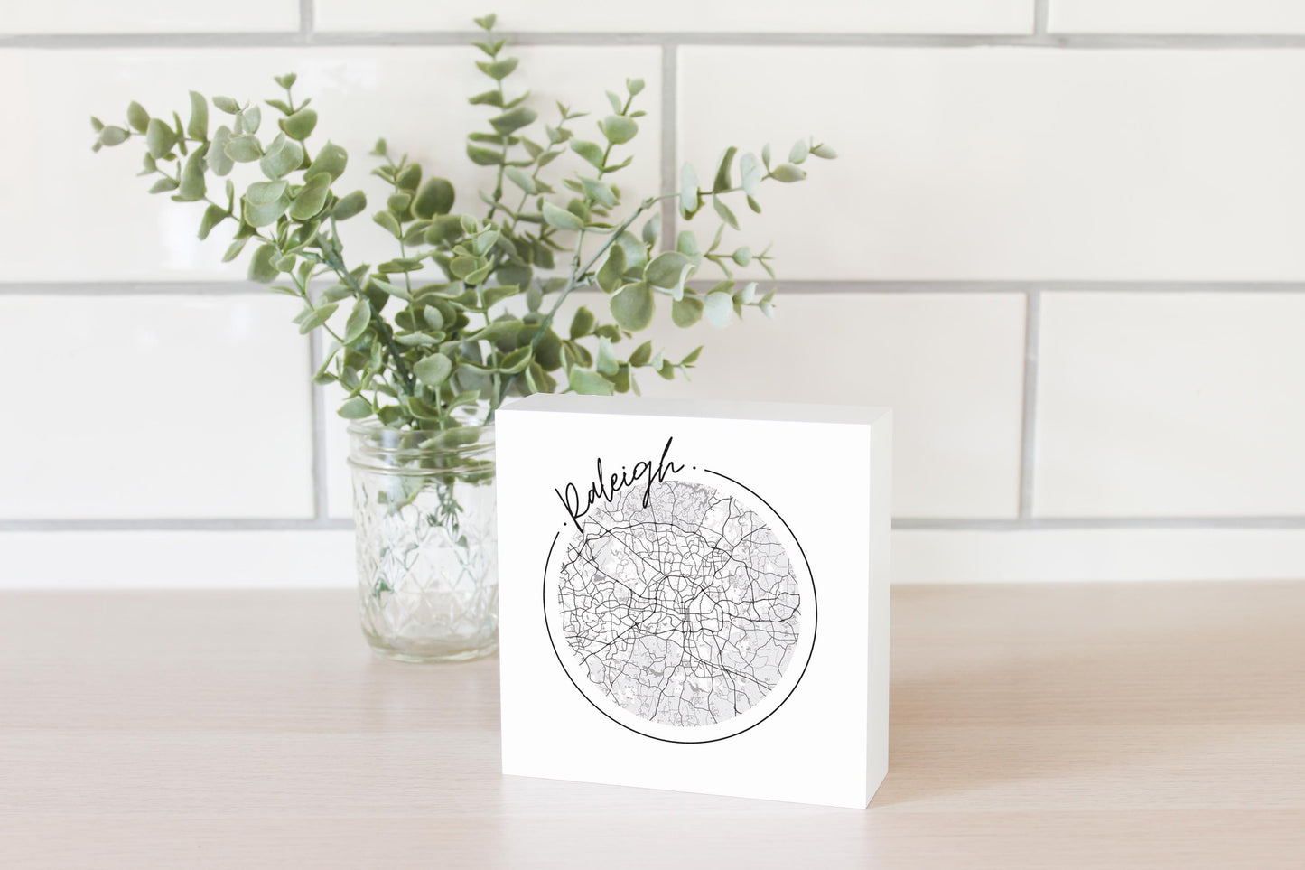 Minimalistic B&W North Carolina Raleigh Circle Map | Wood Block | Eaches | Min 4