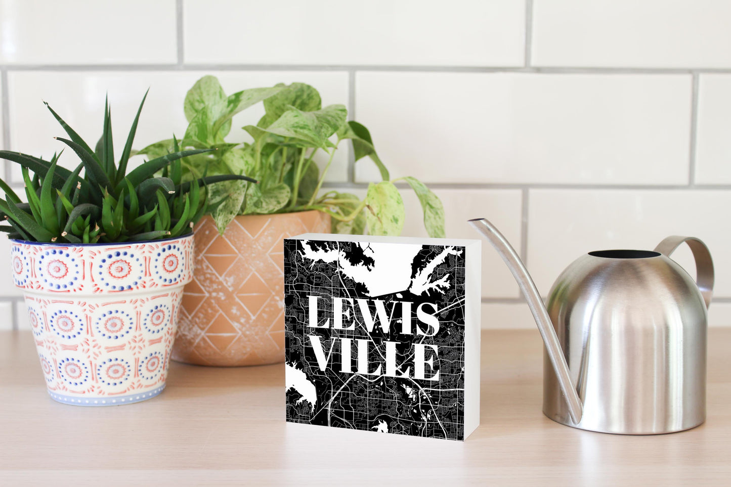 Minimalistic B&W Texas Lewisville Map | Wood Block | Eaches | Min 4