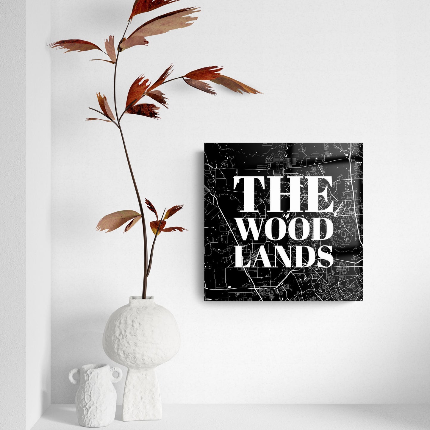 Minimalistic B&W Texas The Woodlands Map | Hi-Def Glass Art | Eaches | Min 2