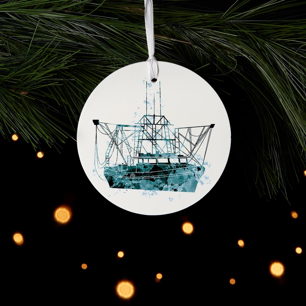 Blue White Water Color Shrimp Boat | Wood Ornament | Eaches | Min 6