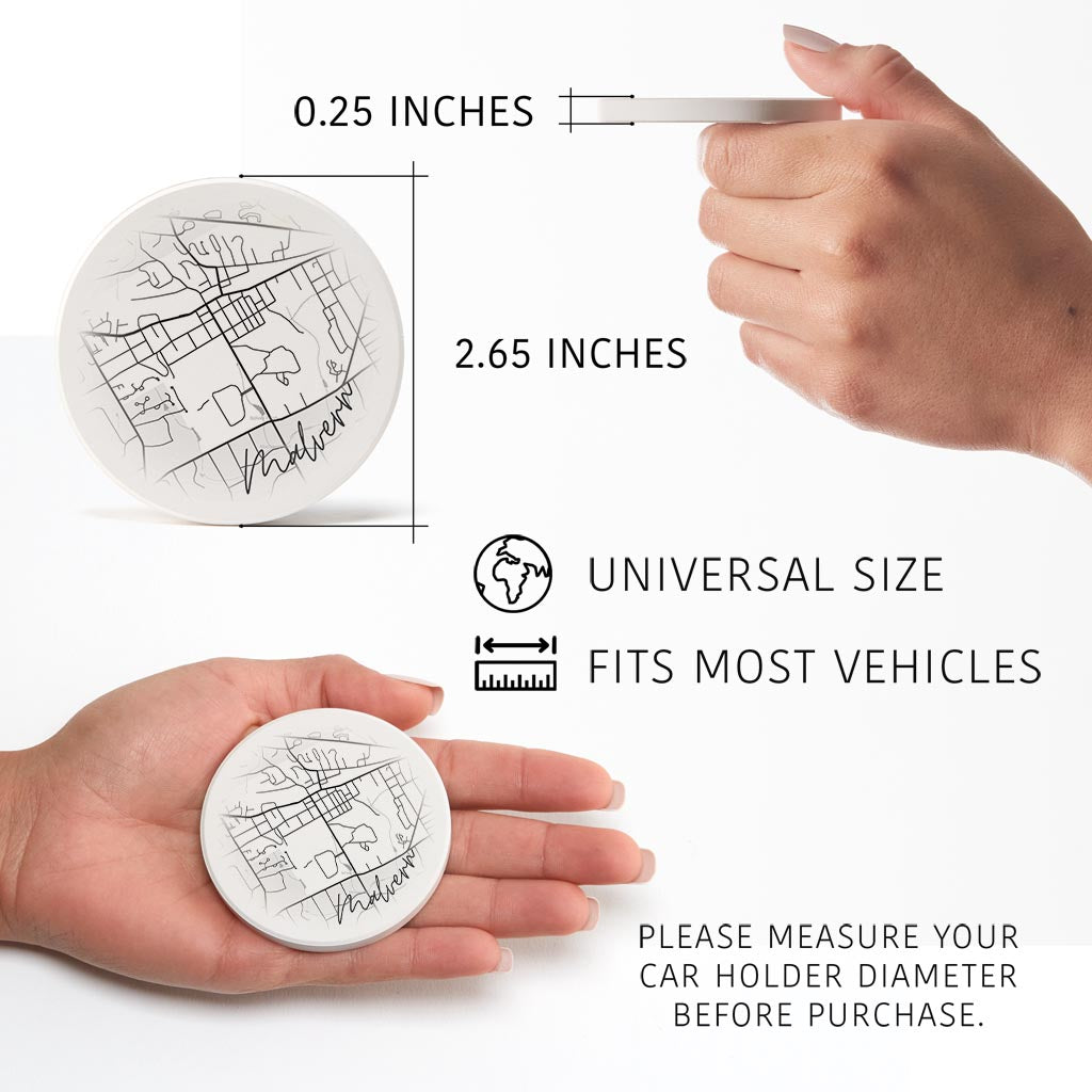 Minimalistic B&W Pennsylvania Malvern Circle Map| Absorbent Car Coasters | Set of 2 | Min 4