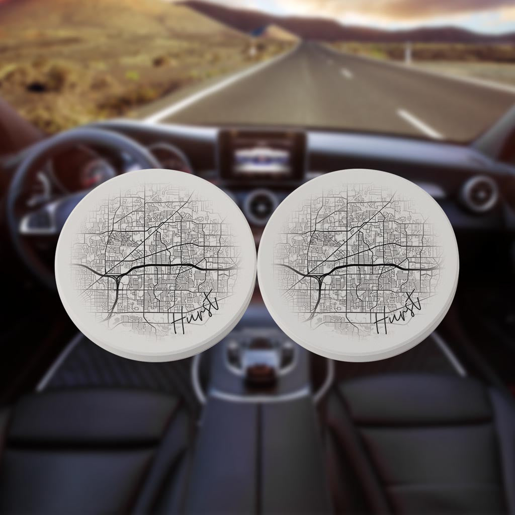 Minimalistic B&W Texas Hurst Circle Map| Absorbent Car Coasters | Set of 2 | Min 4