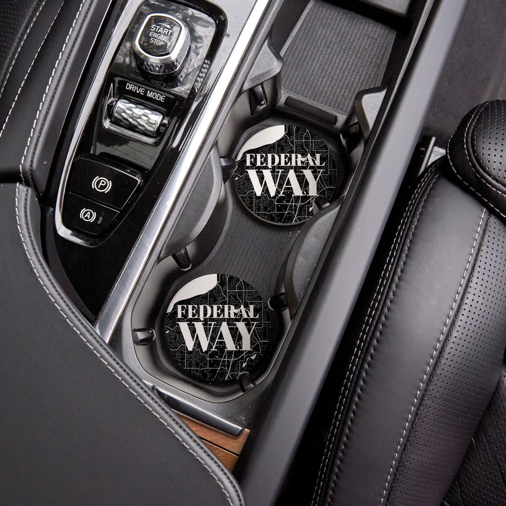 Minimalistic B&W Washington Federal Way Map | Absorbent Car Coasters | Set of 2 | Min 4