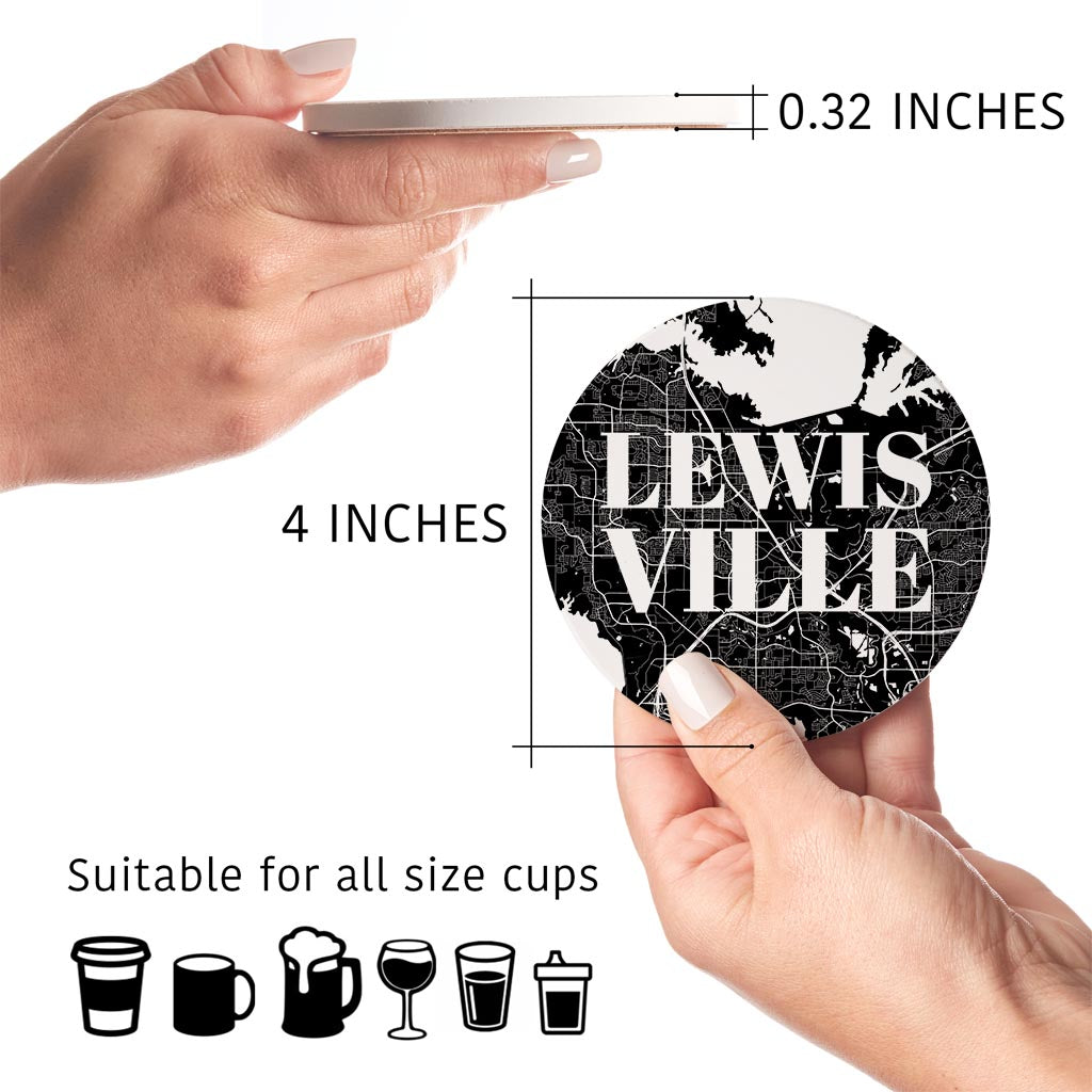 Minimalistic B&W Texas Lewisville Map | Absorbent Coasters | Set of 4 | Min 2